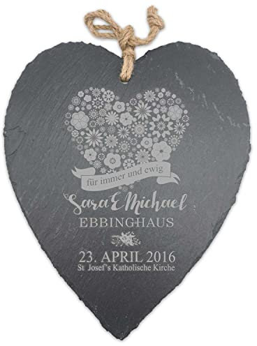 GRAVURZEILE Schieferherz mit Gravur - Hochzeit immer & ewig - Personalisiert mit Hochzeitsdaten - Herzliches Geschenk für Brautpaar oder als Gastgeschenk - Wanddeko zum Aufhängen - Größe 27 x 23 cm