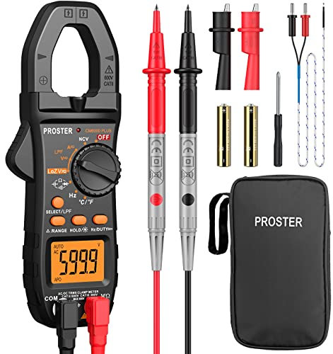 Digital Clamp Meter TRMS Auto Ranging 5999 Counts Multimeter with Alligator Clip Batteries and Bag Multi Tester with Light for Voltage Current Resistance Capacitance Frequency Temperature Diode Test