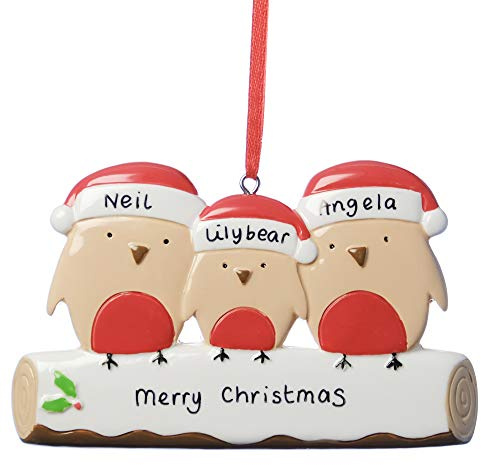 Personalised Christmas Decoration Robin Xmas Gift Ornament Family of 3 Resin Keepsake First Idea (3 robins on log)