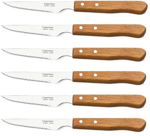 CUPERINOX Cuchillos Carne | Cuchillos Mesa | Cuchillos Chuleteros | Cuchillo Sierra | 100 mm | Acero Inoxidable | Cuchillos para mesa (Madera)