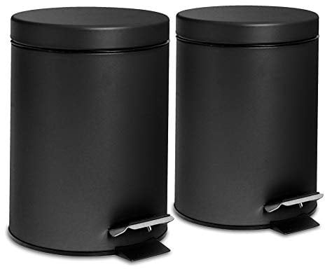 Harbour Housewares 3L Bathroom Bins - Matte Black - Pack of 2 - Round Stainless Steel Pedal Bin Slim Kitchen Rubbish Trash Can Garbage Dustbin with Lid and Inner Bin Liner Bucket