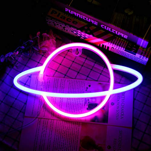 YUNYODA Planet Neon Light, Blue Pink Planet Neon Signs Light up Art Wall Decor Light-Waterproof LED Night Light - Lámpara Planet con pilas o USB para fiesta de cumpleaños de Navidad Habitación de los
