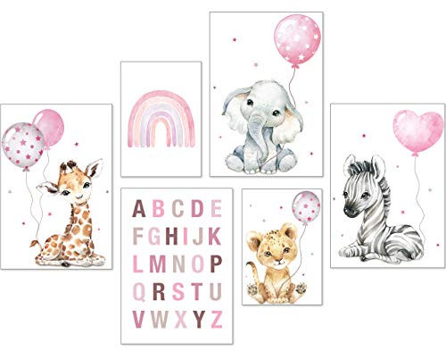 artpin® Poster Set DIN A3 Bilder Kinderzimmer Deko Mädchen Junge - Babyzimmer Bilderwand 4X A3 & 2X A4 - Regenbogen ABC Safari Tiere Rosa P71
