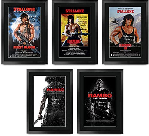 HWC Trading FR A3 Rambo Collection Sylvester Stallone Gifts gedrucktes Poster, signiertes Autogrammbild für Film-Fans, A3, gerahmt