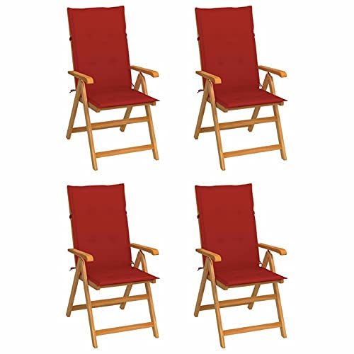 Festnight Gartenstühle 4 STK. mit Roten Kissen Hochlehner Klappstühle Balkonstuhl Holz Klappbar Gartenstühle Klappstuhl Holzstuhl Terrassenstühle Gartenmöbel Massivholz Teak