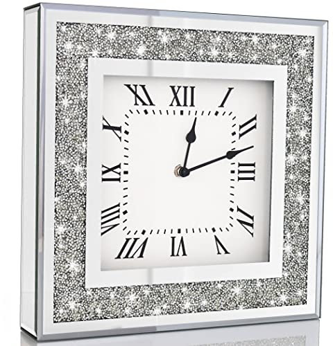 Crystal Crush Diamond verspiegelte quadratische Wanduhr mit funkelndem Glitzer-Diamant-Dekor für Wanddekoration, 30,5 x 30,5 cm, dekorative silberne Spiegel-Quarzuhr für Heimdekoration, AA-Batterie
