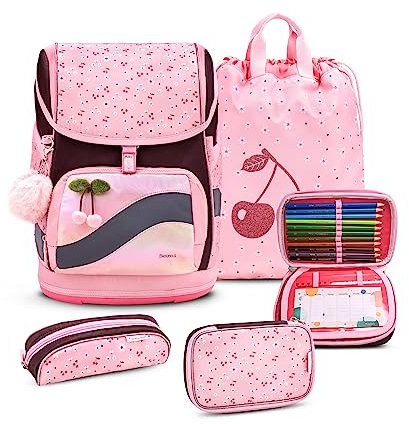 Belmil Premium Smarty Plus ergonomisches Schulranzen Set 5-teilig, AGR, Brustgurt, Hüftgurt, Magnetverschluss (405-51/P/S Cherry Blossom)