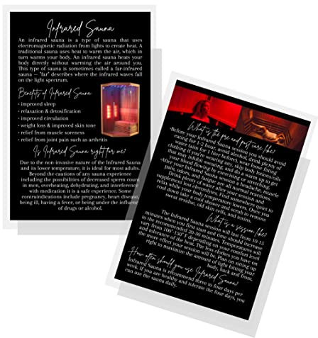 Informationen und Vorteile für Infrarot-Sauna, 30 Stück, 10,2 x 15,2 cm, Postkartengröße, Ferninfrarot-Sauna-Therapie, schwarzes Kartendesign