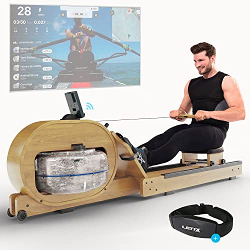 Wasser Rudergerät Wassertank mit Doppelkammersystem, LCD-Display, Bluetooth, APP + Tablethalterung - Echtholz Aqua Rower, Rudermaschine für zuhause inkl. Pulsmesser