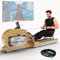 Wasser Rudergerät Wassertank mit Doppelkammersystem, LCD-Display, Bluetooth, APP + Tablethalterung - Echtholz Aqua Rower, Rudermaschine für zuhause inkl. Pulsmesser