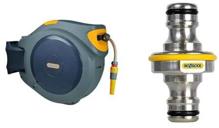 Hozelock Autoreel - Portamangueras automático con 40 m de manguera + - Conector metálico universal doble para manguera de riego