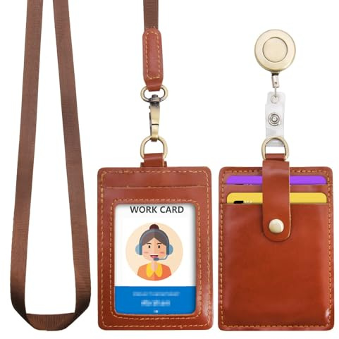 Wonderpool ID Badge Holder Genuine Leather Card Slots Case with Detachable Neck Lanyard and Retractable Badge Reel for Office School Hospital Exhibition ID & Driver Licence (Red Brown)