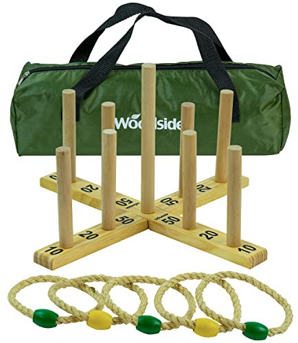 Woodside Garden Quoits Ring Toss Game, Outdoor Family Lawn Fun, 5 Rope 9 Pin