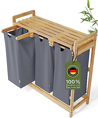 AMBIAVO® Wäschekorb 3 Fächer [blaugrau, 100% Baumwolle, Bambus, 90 l Volumen] | Wäschesammler für Schmutzwäsche| Wäsche Sortiersystem | Wäschesortierer Holz | Wäschebox | laundry baskets
