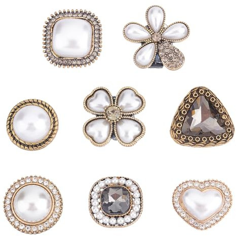 FINGERINSPIRE 8 Stück Schnürsenkel Charms 8 Retro Stil Perle Herz Vierblättriges Kleeblatt Form Kristall Schuhe Tasche Dekoration Zubehör mit Kunststoffschnalle Rückseite für Mädchen Frauen