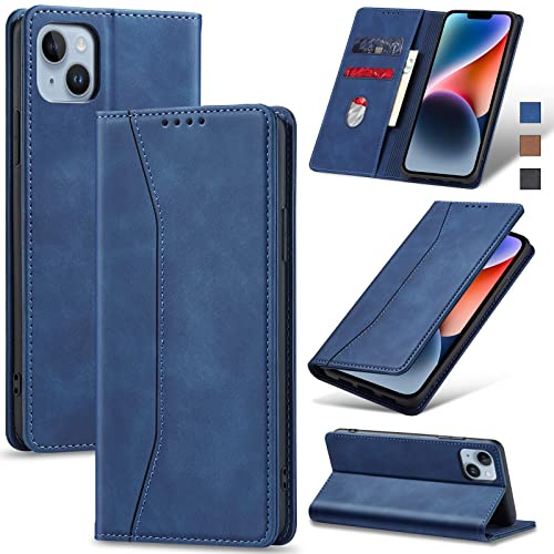 Jasonyu Handyhülle für iPhone 14, PU Leder Flip Klapphülle, Blau | Magnetische Schutzhülle, Ständer, Kartenfächern, Klappbar, Stoßfeste TPU Stoßsicher Hülle