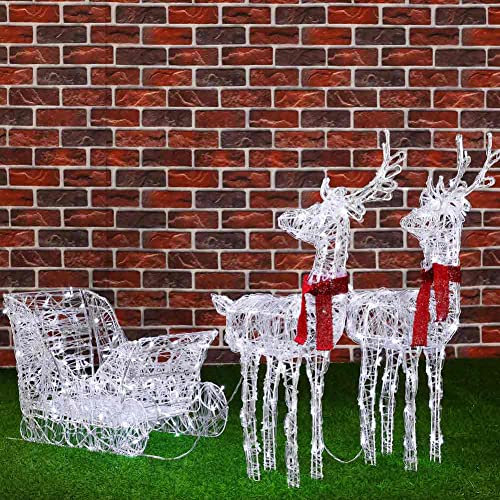 BAKAJI Schlitten und Rentiere, 3D, hell, 240 LEDs, kaltweiß, für den Außenbereich, für den Garten, batteriebetrieben, 7 Lichteffekte, Höhe Rentiere 68 cm, Schlitten 35 cm