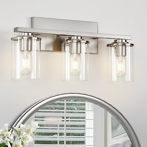 Doltoro 3-Light Bathroom Light Fixtures, Brushed Nickel Vanity Lights for Bathroom with Clear Glass Shade, Modern Bathroom Vanity Light Over Mirror with E26 Base
