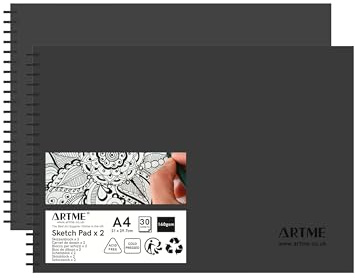 ARTME A4 Landscape Sketch Pad 2pk 160gsm 30 Sheets Spiral Bound Drawing Pad | Cold Pressed Thick Acid Free Paper Perforated Pages For Pencil Charcoal Pastel Marker And Studio Sketching