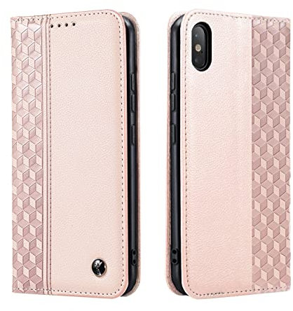 TOHULLE Case for iPhone X iPhone XS, Premium PU Leather Wallet Case Card Holder Kickstand Built-in Magnet Shockproof Plaid Pattern Flip Folio Phone Case Cover for iPhone X/XS - Rose Gold