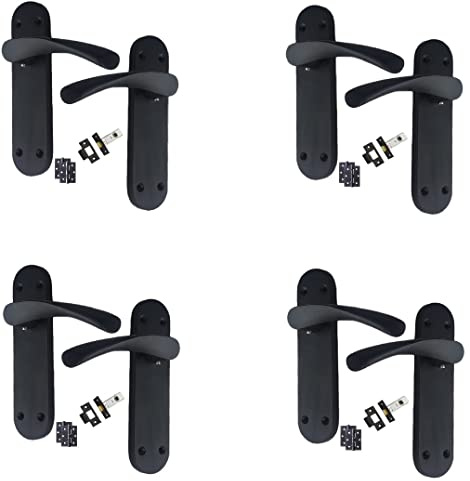 Golden Grace Astrid Backplate Door Handles Set with Hinges 182mm x 45mm | Supplied as 4 full sets in matt black finish with 64mm latches, spindles and fixings for quick interior door installation.