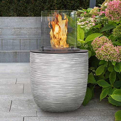 muenkel design Vigo – Riffelung weiß-grau – Bio-Ethanol Feuerstelle Gartenfackel Terrassenfeuer mit Round Burner 250 Brennkammer