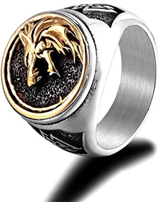 YAHOYA Retro Herren Odins Wolf Fenrir Siegel Ringe Gold Farbe Edelstahl Nordische Mythologie Symbole Valknut Amulett Ring Punk Accessoires