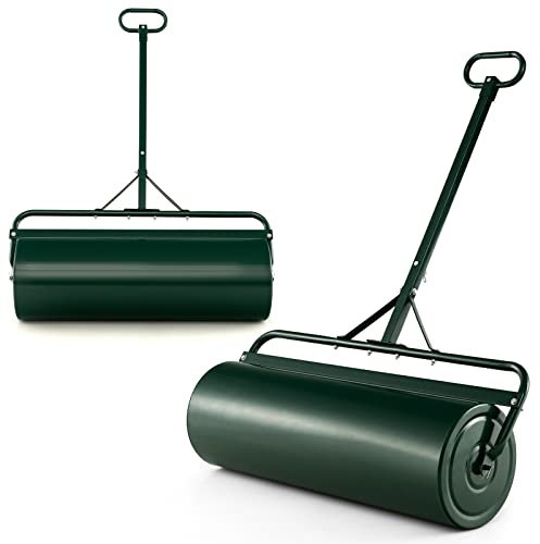 COSTWAY Rullo per Prato in Metallo, Rullo da Giardino Riempibile con 30 Litri di Acqua/Sabbia, con Gancio e Impugnatura Staccabile per Giardino, Prato, Parco e Fattoria (Verde)