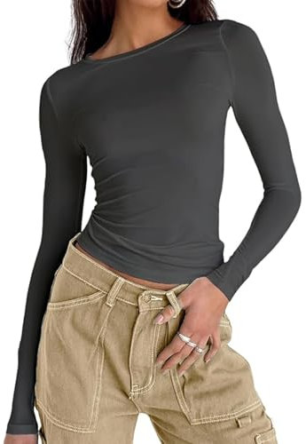 OYIGELZ Women's Basic Long Sleeve Shirt Crop Top Y2K T-Shirt Slim Fit Casual Tee Tops Streetwear(Gray-a,S)