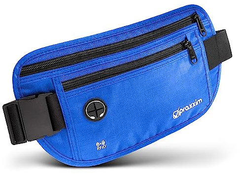 praxxim Die Bauchtasche zum Reisen - DIEBSTAHLSICHER mit RFID Schutz - Extra Flache Bauchtasche unter Kleidung tragbar - Hüfttasche - Reisebauchtasche - Geldgürtel für Damen und Herren - blau