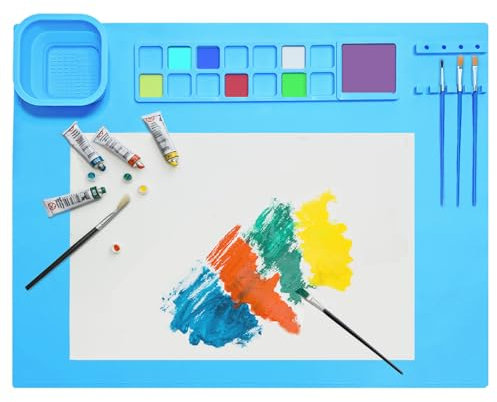 TENQUAN Silicone Painting Mat 20x16 Silicone Craft Mat with Removable Cup Paint Tray Brush Holder Collapsible Art Mat for Crafting Drawing Cutting Beading DIY Handmade Art Creation(Blue)