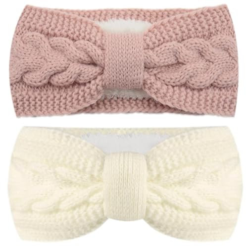2 Stück Damen Gestrickt Stirnband, Verdicken Stirnband Damen, Haarband Ohrenwärmer Elastische, Winter Kopfband Haarband, Elastische Haarreife Ohr Wärmer für Mädchen (Rosa, weiß)