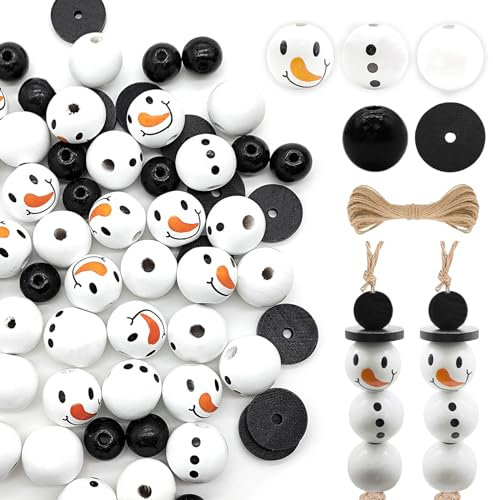 Vordpe 75 Stück natürliche Holzperlen, Schneemann Weihnachtsperlen, Weihnachten Holzperlen für Weihnachten Deko, DIY-Basteldekoration, Winter-Dekorationen