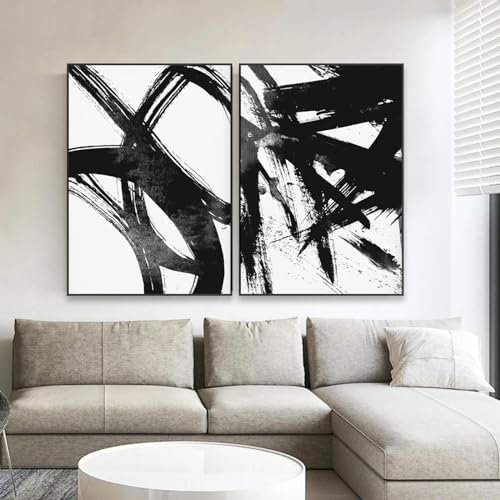 GEMMII Affiche d'art mural en noir et blanc, art abstrait moderne, peinture sur toile, affiche d'art mural, impression de lecture, décoration de bureau XXL 70 x 100 cm x 2 sans cadre