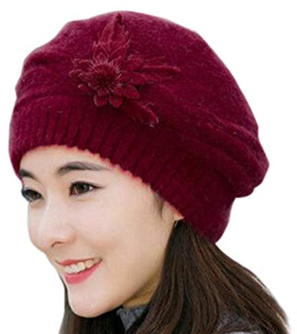 Mode Frauen Blumenstrick häkeln Hut Winter warm Kappe Beret Baskenmütze Leopard (Wine, One Size)