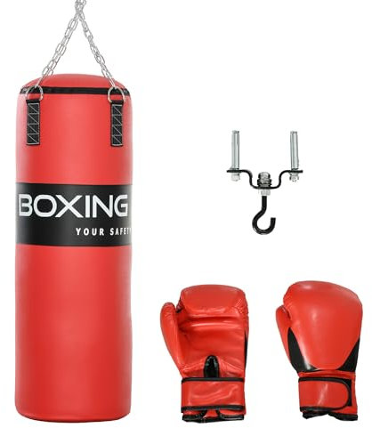 SPORTNOW Sac de Frappe Suspendu Adulte Poing 20kg Sac de Box avec chaîne en Acier à 4 Points et mousquetons, Gants Inclus pour Boxe, MMA, Kickboxing