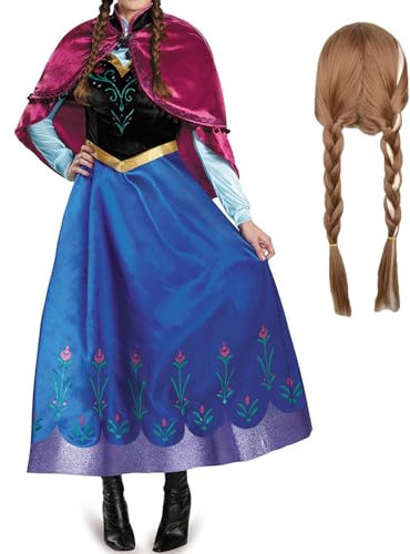 YEAJION Damen Anna Prinzessin Kleid mit Perücke Schneekönigin Verkleidung Prinzessin Anna Cosplay Kostüm Weihnachten Halloween Karneval Party Bühnenauftritt Kostüm für Erwachsene