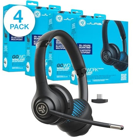 JLab Go Work 2nd Gen Headset mit Mikrofon Bluetooth & USB C Dongle, 55+ Std. Akku, On Ear Wireless Headset mit Mikrofon und Multipoint, kabellos oder mit Kabel, für PC, Handy, Büro, 4 Stück