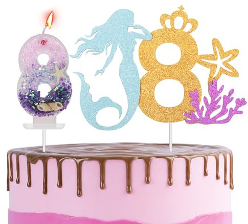 Mermaid 8th Birthday Cake Topper with Number Candle & Sparkling Candles - Cake Decorations for Girls & Boys