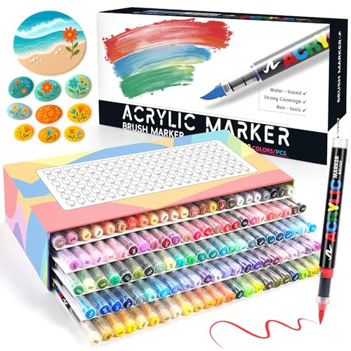 120 Farben Acrylstifte für Steine Wasserfest –Acrylmarker mit Pinselspitze, Direkt Flüssige Acrylfarbe für Glas, Holz, Leinwand, Keramik, Stoff, Papier, DIY Basteln & Malen