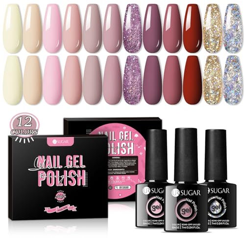 UR SUGAR 12 Colores Esmalte semipermanenteesmalte, Rosa desnudo Lila flash, esmalte de uñas de gel ultravioleta remojo semipermanente manicura DIY arte de uñas regalo