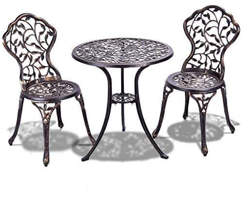 TANGZON 3 Pieces Patio Bistro Set, Outdoor Cast Aluminum Round Dining Table and 2 Armless Chairs Set, Garden Dining Furniture Set for Balcony Backyard Poolside Lawn, Bronze