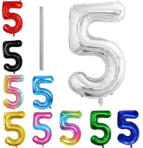 Geburtstag zahlen Luftballon 5 jahre-Silber XXL Jumbo Folienballon 40 Zoll – 101 cm Luftballons 5 Geburtstag Junge Mädchen Babyparty Geburtstagsdeko Jubiläumsparty Dekoration