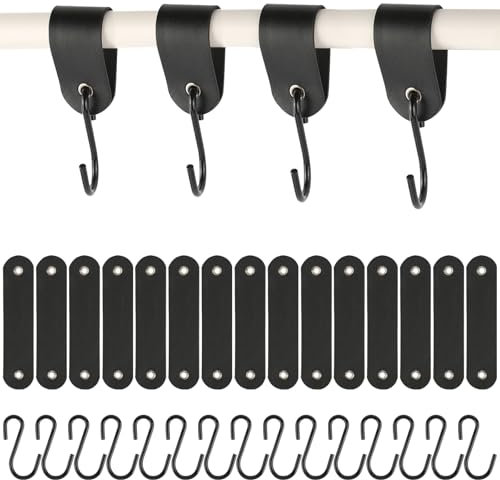 YONGQING 15 Stück Haken mit Lederschlaufe, Edelstahl S Haken Schwarz, 12,5 * 3cm Haken zum Einhängen,Kleiderhaken für Garderobe und Camping
