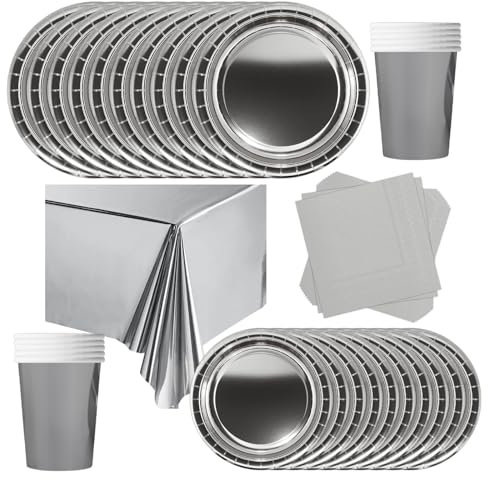 POPOYU Partygeschirr Kindergeburtstag Silber,69 Stück Geburtstagsparty Geschirr Pappteller Set,Tischdecke Papier Tassen Teller Servietten zum Weihnachten,Geburtstag,Hochzeiten,Jubiläums(16 Gäste)