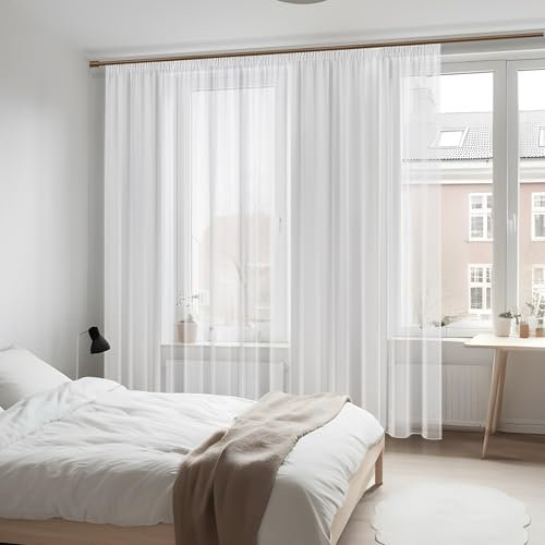 Casalini Milano Transparente Voile-Gardinen mit Kräuselband und Bleiband in Weiß für Wohnzimmer
