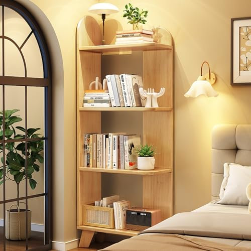 YVYKFZD 4-Tier Bookshelf, Free Standing Bookcase, Open Corner Display Storage Rack, Wood Book Shelf Flower Stand Plant Organizer, for Bedroom Living Room Study Office(Wood)