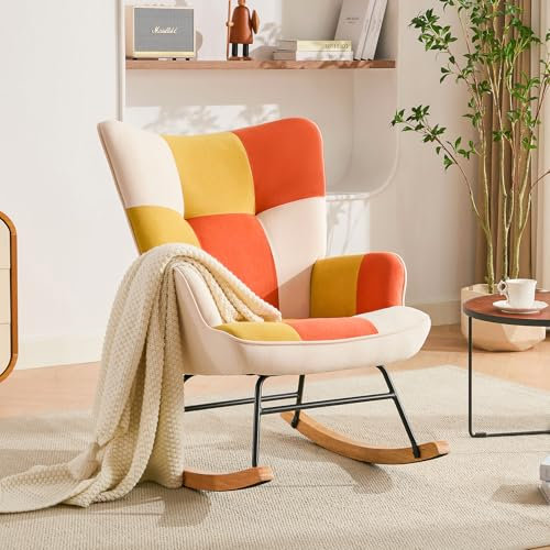 HomeMiYN Patchwork Schaukelstuh Samt Kinderzimmer Schaukelsessel mit Metallgestell und Holzsockel Polstersessel für Wohnzimmer Freizeit Relaxstuhl für Schlafzimmer Orange Gelb