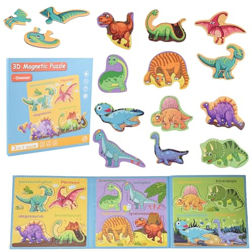 ASTARON Magnetisches Dinosaurierpuzzle mit 80 Puffy-Stickern für Kleinkinder, 40 Teile Puzzles Vorschulische Bildung Lernen Reisespielzeug Auto Flugzeug Aktivitäten