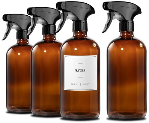 gmisun Spray Bottles for Cleaning, 16 OZ Glass Spray Bottle, 4Pack Glass Spray Bottles For Cleaning with Watertight Labels, Amber Spray Bottle with Adjustable Spray Nozzle